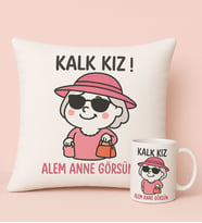 BK Gift Alem Anne Görsün Tasarımlı Beyaz Kırlent Yastık&Beyaz Kupa Bardak-1, Anneye Hediye, Anneler Günü Hediyesi