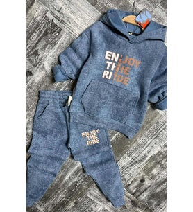Erkek Çocuk Enjoy The Kalıp Baskılı Kapşonlu Sweatshirt Mavi Eşofman Takım