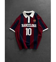 OVERSIZE BARCA YAKALI TİŞÖRT - %100 PAMUK PENYE BARCELONA ÇUBUK T-SHIRT (Beyaz)