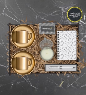 Gold Kahve Fincanı, Mum, Defter , Kalem Hediye Kutusu 