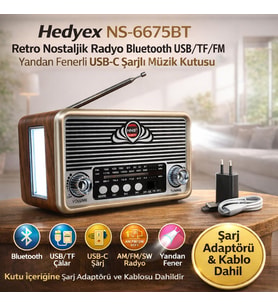 Hedyex NS-6675BT Retro Nostaljik Radyo Bluetooth USB/TF/FM Yandan Fenerli USB-C Şarjlı Müzik Kutusu