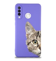 Huawei P 30 Lite Uyumlu Lansman Kılıf Catface Tasarımlı İçi Kadife Mor Kapak (Şeffaf)