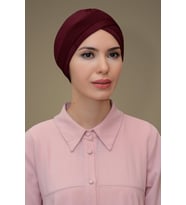 Bordo Pratik Hazır Geçmeli Tesettür Bone Fukuro Piliseli Tek Bantlı Çapraz Büzgülü 1821_16