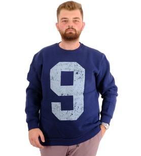 Mode XL Büyük Beden Erkek Sweatshirt 3 İplik Şardonlu Baskılı NINE U24528 İndigo
