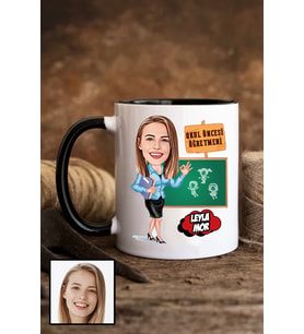 Kadın Okul Öncesi Öğretmenine Hediye Karikatürlü Siyah Kupa Bardak