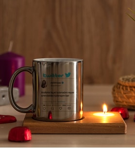 Kişiye Özel Twitter Tasarım Fotoğraflı Ahşap Altlıklı Mumlu Silver Kupa