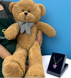 Premium Hediye Seti Büyük Boy 80cm Kahverengi Peluş Ayıcık ve Özel Tasarım Kolye (Model 5)