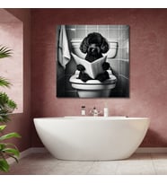 Tekli Kare Kanvas Banyo Tablosu Gazete Okuyan Siyah Poodle