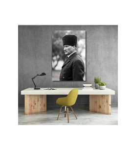 Siyah Beyaz Görsel Atatürk Kanvas Tablo Modeli Dikey Duvar Tablosu Ofis Ev Dekoru