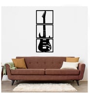 Gitar Müzik Temalı Üçlü Panel Ahşap Mdf Duvar Dekoru Tablo (Siyah)