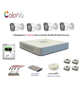 Hikvision 2mp 4 kameralı Dış ortam AHD HD-TVI ColorVu Gece Renkli Kamera Seti 500GB Disk