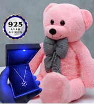 Premium Hediye Seti Büyük Boy Pembe Peluş Ayıcık ve Gerçek 925 Ayar Gümüş Kolye (Model 7)