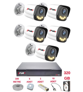 FURY 5 Kameralı 4 Warm Led Gece Renkli Görüş-Cepten İzle-Su Geçirmez Güvenlik Kamerası Seti 320GB