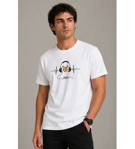Erkek Müzik Temalı Baskılı Tişört Bisiklet Yaka Kısa Kol T-Shirt - Beyaz