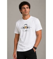 Erkek Müzik Temalı Baskılı Tişört Bisiklet Yaka Kısa Kol T-Shirt - Beyaz