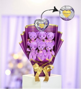 Led Işıklı Seni Seviyorum Kalpli Balonlu Mor Peluş Ayıcık Buketi Ayıcıklı Peluş Buket Model 1