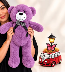 Bordo Vosvos Minibüs Masa Lambası ve Büyük Boy Mor Peluş Ayıcık – Sevgiliye Doğum Günü Yıl Dönümü Hediyesi