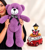 Bordo Vosvos Minibüs Masa Lambası ve Büyük Boy Mor Peluş Ayıcık – Sevgiliye Doğum Günü Yıl Dönümü Hediyesi