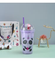 Panda Işıklı ve Pipetli Bardak, 450 ml, Buzlu ve Kapaklı, Mor, 20x8 (Mor)