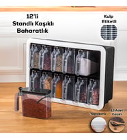Porsima 1165 Simple 12 li Standlı Kendinden Yapışkanlı Kaşıklı Kapaklı Baharatlık Takımı - Siyah Beyaz