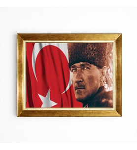 Tablore Kalpaklı Atatürk ve Dalgalanan Türk Bayrağı Temalı Kanvas Tablo Ofis Salon Duvar Tablosu
