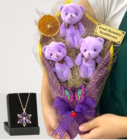 Kişiye Özel Büyük Boy 3'lü Ayıcık Buketi ve Gerçek Ametist Taşlı Lotus Kolye (Mor)