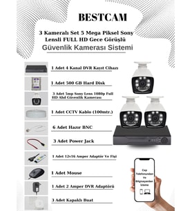 BESTCAM 3 Kameralı Set 5 Mega Piksel Sony Lensli FULL HD Gece Görüşlü Güvenlik Kamera Seti 500 GB Hard disk