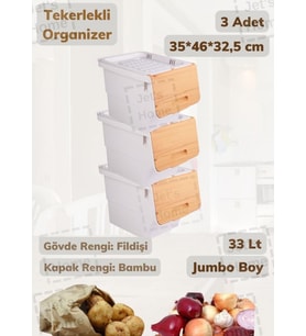 3’lü Bambu Renk Tekerlekli Patateslik Soğanlık Oyuncak Kutusu Patates Soğan Sepeti Motek 33 Lt