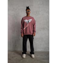 Erkek Güvercin Baskılı Bisiklet Yaka Sweatshirt 3 iplik pamuklu - Gül Kurusu