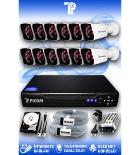 PICAM 12 Kameralı Kare 12 Dış Kamera Set 250 GB HDD Full HD Gece Görüşlü Güvenlik Kamerası Sistemi