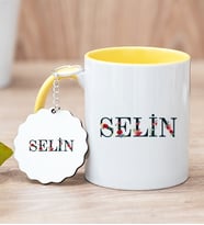Kişiye Özel Çiçek Harf Tasarım İsim Yazılı Sarı Kupa Bardak ve Anahtarlık