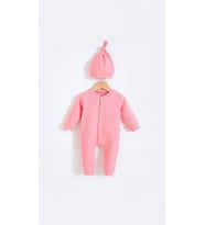 Bebek Şapkalı Çıtçıtlı Penye Bebek Tulum - Pembe