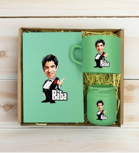 BK Gift Kişiye Özel DTF The Baba Karikatürlü Yeşil Defter & Kahve Fincanı & Mum Hediye Seti-3, Babaya Hediye, Babalar Günü Hediyeleri