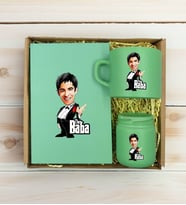 BK Gift Kişiye Özel DTF The Baba Karikatürlü Yeşil Defter & Kahve Fincanı & Mum Hediye Seti-3, Babaya Hediye, Babalar Günü Hediyeleri
