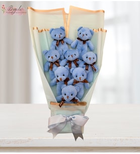 Mavi Peluş Ayıcık Buketi Büyük Boy 8 Adet Peluş Ayıcık ve Kişiye Öze Notuyla (Bebe Mavisi)
