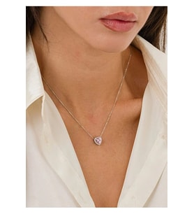 14 K White Gold Kaplama 925 Ayar Gümüş Pembe Kuvars Kalp Kolye - Işıklı Kutuda Gönderim