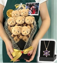 Kişiye Özel Fotoğraflı Büyük Boy 40cm Ayıcık Buketi ve Gerçek Ametist Taşlı Lotus Kolye