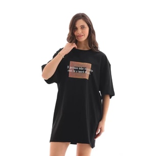 Unisex Bisiklet Yaka Baskılı Oversize T-Shirt - Siyah