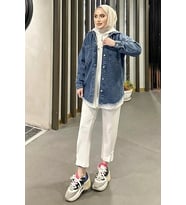 Koyu Mavi Kar Yıkama Püskül Detay Kot Ceket Oversize