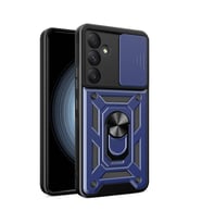 Samsung Galaxy A55 Kılıf Yüzüklü Standli Sürgülü Kamera Korumalı Tank Sert Silikon Kapak (Mavi)
