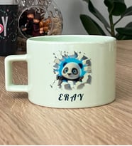 Kişiye Özel 3D Efektli Panda Hediye Pastel Fincan İsimli İsim Yazılı (Yeşil)