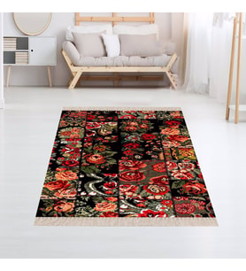 Patchwork Gül Desenli Dijital Baskı Yıkanabilir Kaymaz Taban Kilim Model Modern Salon Halısı (Siyah)
