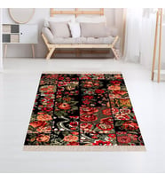 Patchwork Gül Desenli Dijital Baskı Yıkanabilir Kaymaz Taban Kilim Model Modern Salon Halısı (Siyah)