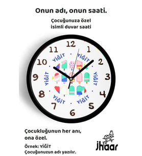 İsme Özel Dondurmalı Çocuk Odası Duvar Saati Orta Boy 30 cm Siyah Camlı Sessiz