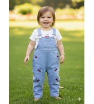 Hasır Şapkalı Kiraz Nakışlı Kot Kumaş Salopet Tulum Kız Bebek Çocuk 3 Li Takım 6-9 Ay, 9-12 Ay, 12-18 Ay, 18-24 Ay (Light Denim)