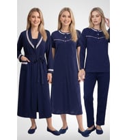 Mecit 6393 Lacivert Pamuklu Kadın Sabahlık Pijama Gecelik Seti