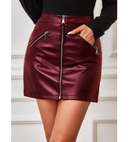Kadın Yüksek Bel Fermuarlı Mini Deri Etek (Bordo)