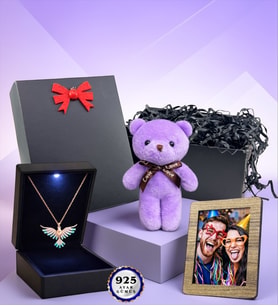 Kişiye Özel Fotoğraflı Led Işıklı Kutusunda 925 Ayar Gümüş Anka Kolye Mor Ayıcıklı