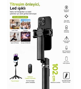450mAh Akıllı Gimbal Tripod Bluetooth Selfie Çubuğu LED Işıklı Titreşim Önleyici Alüminyum