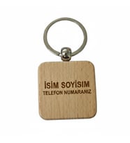Kişiye Özel Kare Ahşap Anahtarlık – İsim Soyisim ve Telefon Numarası Yazılı Lazer Gravür Anahtarlık – Kişisel & Acil Durum Anahtarlığı
